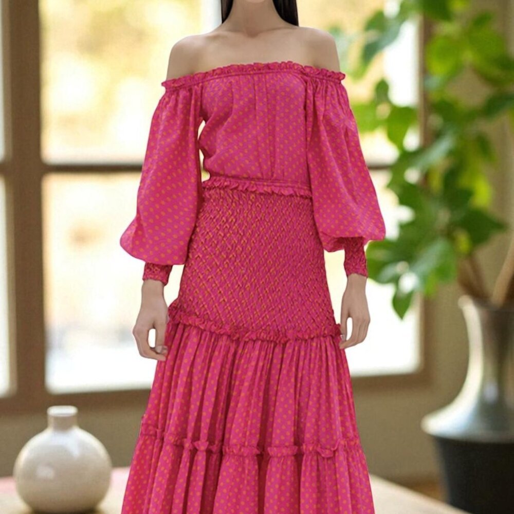 Alexis Thalssa‎ Off Shoulder Maxi Dress Fuchsia Gold Dots Smocked Size M